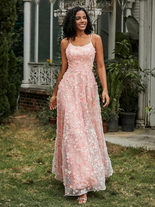 Elegant A Line Spaghetti Straps Soft Pink Lace Applique Long Prom Dress,Evening Dress GG766