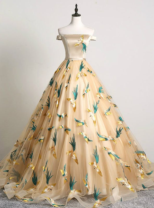 Glam Ball Gown Off The Shoulder Gold Applique Satin Long Prom Dress,Evening Dress GG771