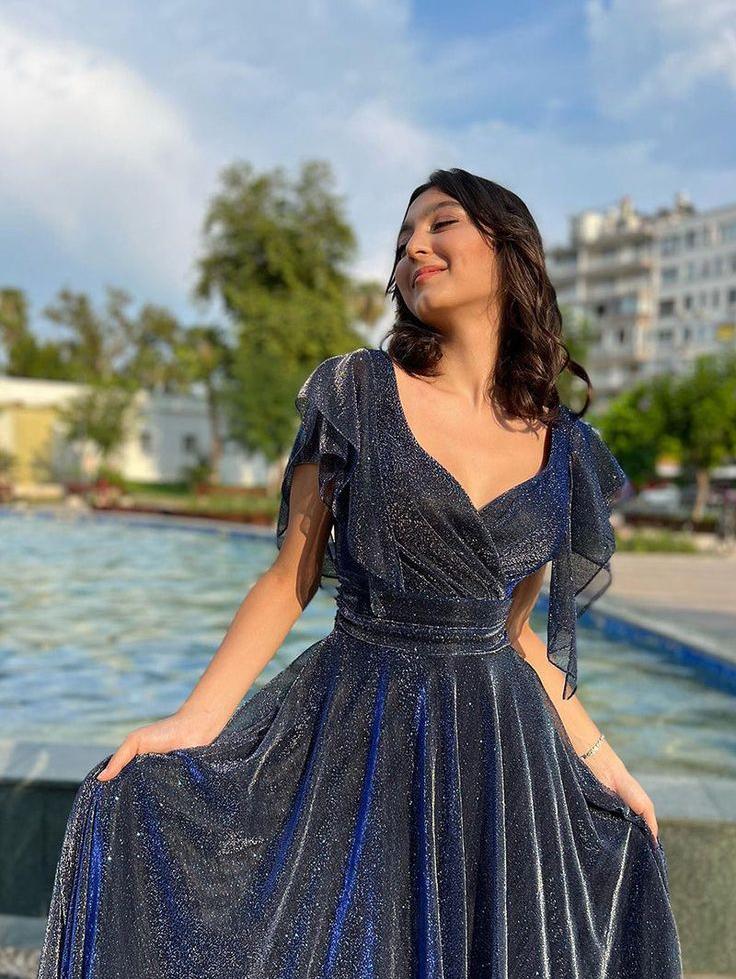 Sparkly A Line V Neck Tulle Short Sleeve Long Prom Dress,Evening Dress GG774