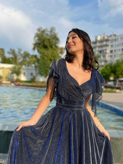 Sparkly A Line V Neck Tulle Short Sleeve Long Prom Dress,Evening Dress GG774