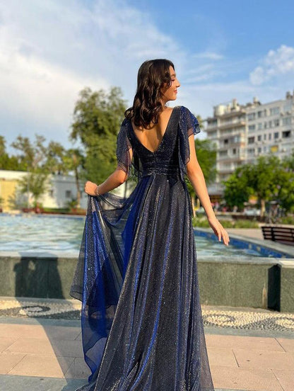 Sparkly A Line V Neck Tulle Short Sleeve Long Prom Dress,Evening Dress GG774