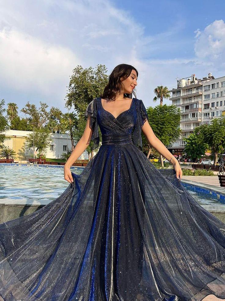 Sparkly A Line V Neck Tulle Short Sleeve Long Prom Dress,Evening Dress GG774