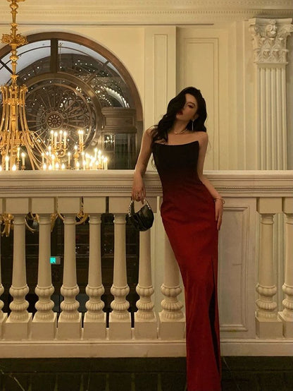 Sexy Mermaid Strapless Ombre Burgundy Satin Slit Long Prom Dress,Evening Dress GG791