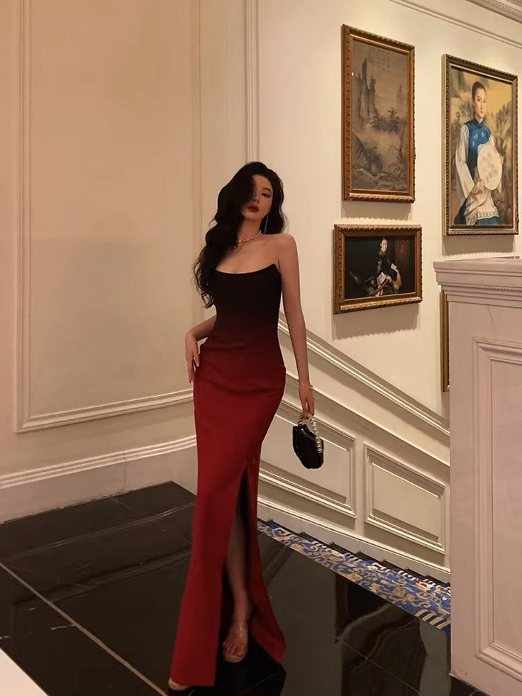 Sexy Mermaid Strapless Ombre Burgundy Satin Slit Long Prom Dress,Evening Dress GG791