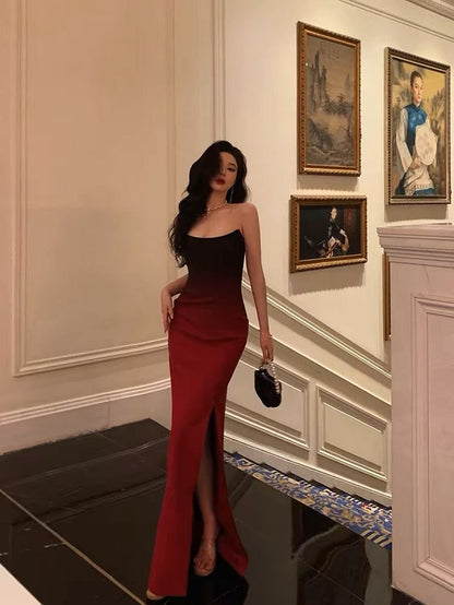 Sexy Mermaid Strapless Ombre Burgundy Satin Slit Long Prom Dress,Evening Dress GG791
