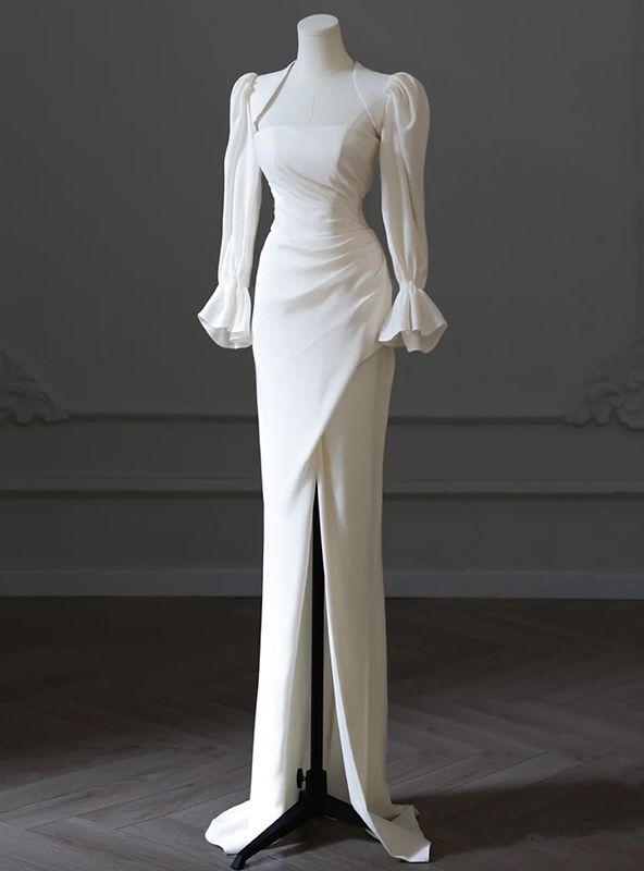 Graceful Mermaid White Strapless Satin Pleats Slit With Jacket Long Sleeve Long Prom Dress,Evening Dress GG795