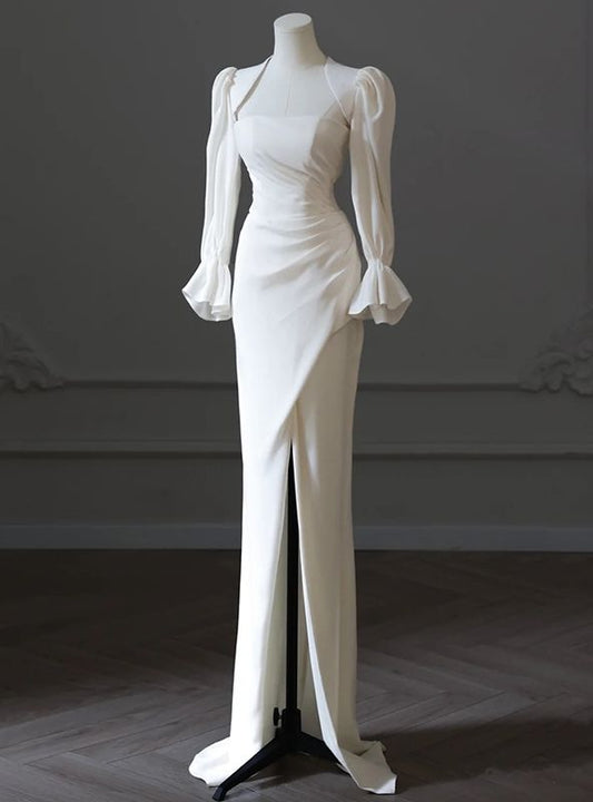 Graceful Mermaid White Strapless Satin Pleats Slit With Jacket Long Sleeve Long Prom Dress,Evening Dress GG795