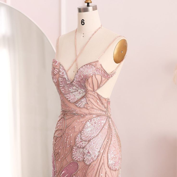 Exquisite A Line Spaghetti Straps Halter Soft Pink Tulle Sequin Beaded Long Prom Dress,Evening Dress GG801