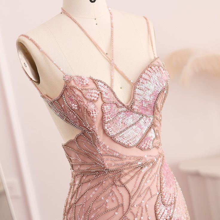 Exquisite A Line Spaghetti Straps Halter Soft Pink Tulle Sequin Beaded Long Prom Dress,Evening Dress GG801
