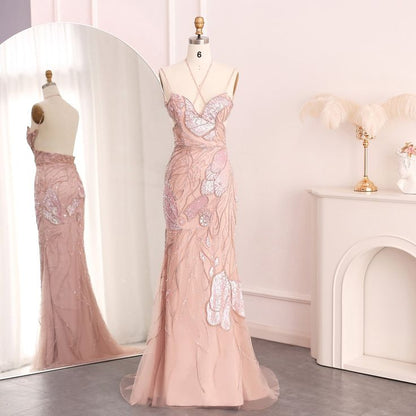 Exquisite A Line Spaghetti Straps Halter Soft Pink Tulle Sequin Beaded Long Prom Dress,Evening Dress GG801