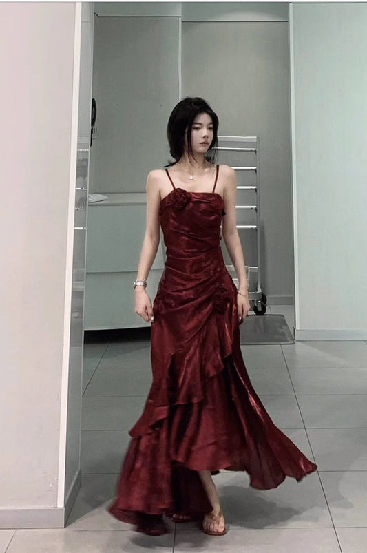 Chic A Line  Spaghetti Straps High Low Burgundy Chiffon  Long Prom Dress,Evening Dress GG802