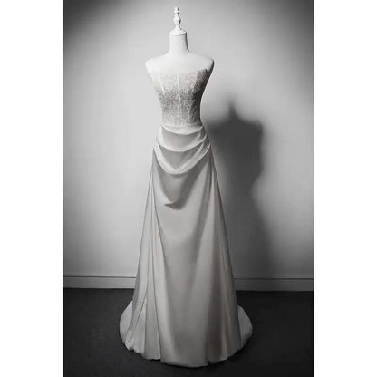 Elegant A Line Strapless Satin Pleats Applique Long Prom Dress,Evening Dress GG805