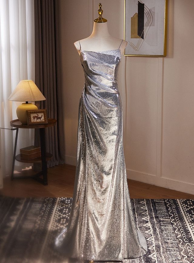 Glitter A Line Spaghetti Straps Silver Sequin Pleats Long Prom Dress,Evening Dress GG806