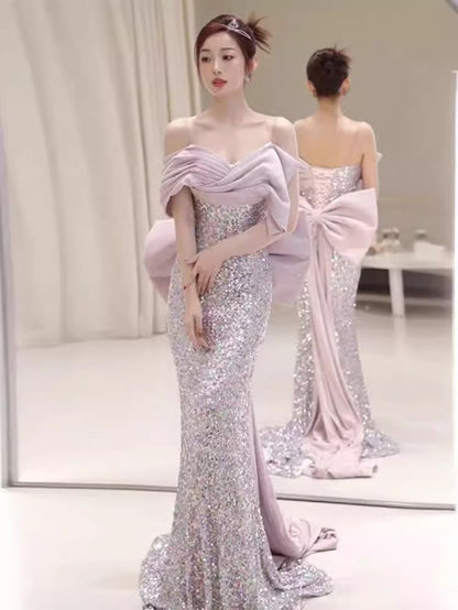 Princessful Mermaid Off The Shoulder Sequin Back Bow Long Prom Dress,Evening Dress GG807