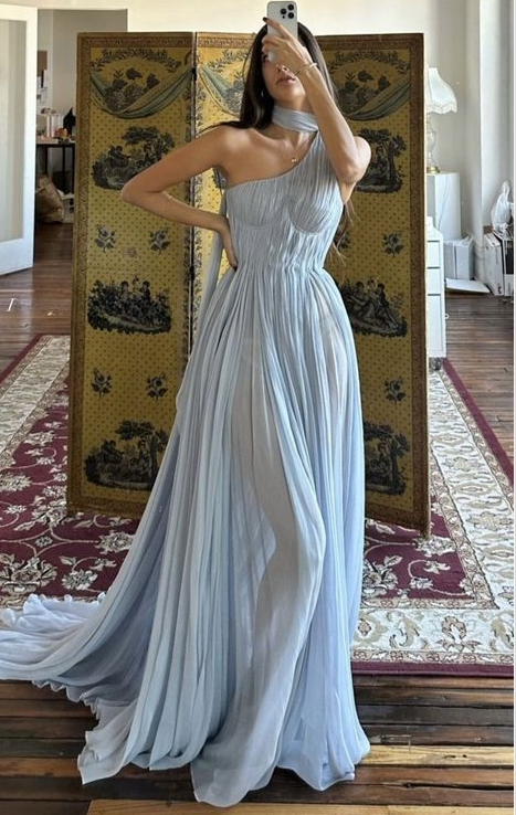 Elegant A Line One Shoulder Pale Blue Chiffon Long Prom Dress,Evening Dress GG819