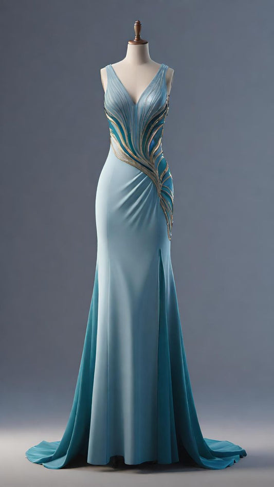 Sexy Mermaid V Neck Blue Satin Slit Long Prom Dress,Evening Dress GG820