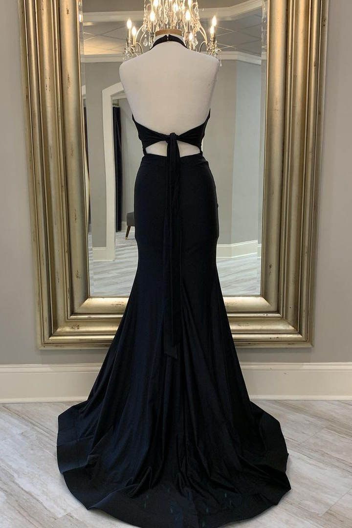Sexy Mermaid V Neck Halter Black Satin Long Prom Dress,Evening Dress GG821