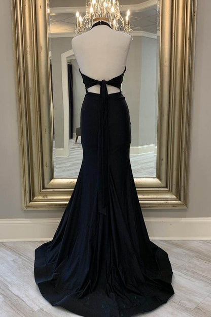 Sexy Mermaid V Neck Halter Black Satin Long Prom Dress,Evening Dress GG821