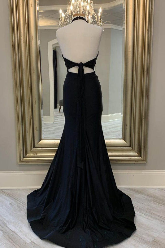 Sexy Mermaid V Neck Halter Black Satin Long Prom Dress,Evening Dress GG821