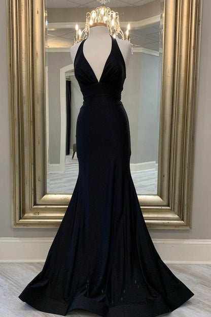 Sexy Mermaid V Neck Halter Black Satin Long Prom Dress,Evening Dress GG821