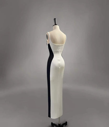 Chic Mermaid Spaghetti Straps White With Black Satin Long Prom Dress,Evening Dress GG828