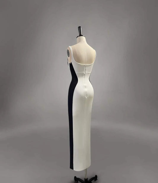 Chic Mermaid Spaghetti Straps White With Black Satin Long Prom Dress,Evening Dress GG828