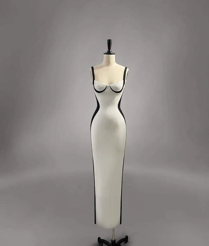 Chic Mermaid Spaghetti Straps White With Black Satin Long Prom Dress,Evening Dress GG828