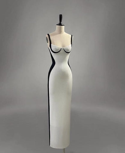 Chic Mermaid Spaghetti Straps White With Black Satin Long Prom Dress,Evening Dress GG828