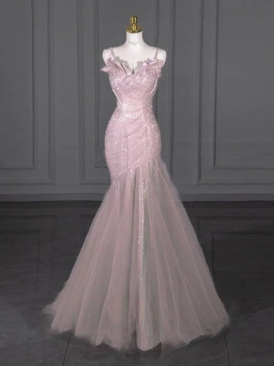 Glam Mermaid Spaghetti Straps Pink Sequin Tulle Long Prom Dress,Evening Dress GG832