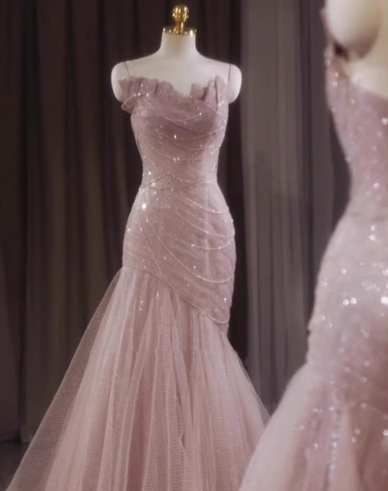 Glam Mermaid Spaghetti Straps Pink Sequin Tulle Long Prom Dress,Evening Dress GG832