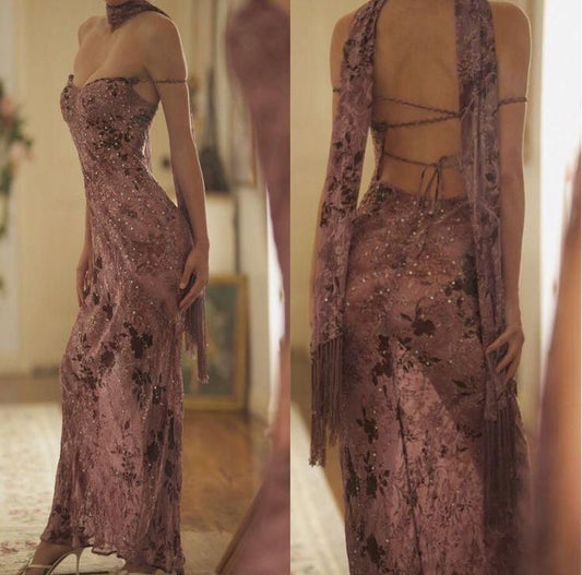 Glam Mermaid Spaghetti Straps Dusty Rose Satin Applique Long Prom Dress,Evening Dress GG833