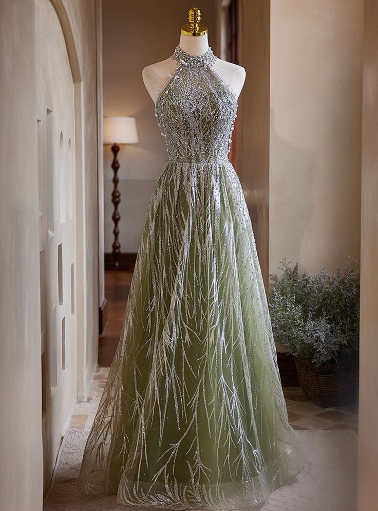 Glitter A Line Halter Sequin Beaded Tulle Long Prom Dress,Evening Dress GG834