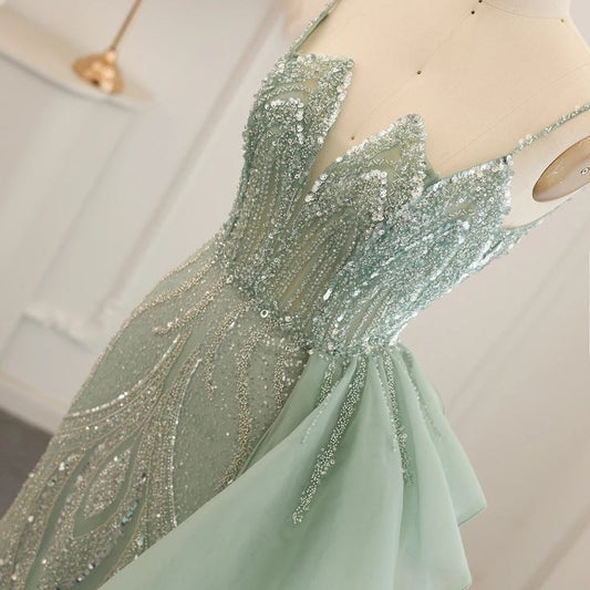 Glam Mermaid Spaghetti Straps Sage Green Overskirt Side Slit Long Prom Dress,Evening Dress GG835
