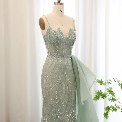 Glam Mermaid Spaghetti Straps Sage Green Overskirt Side Slit Long Prom Dress,Evening Dress GG835