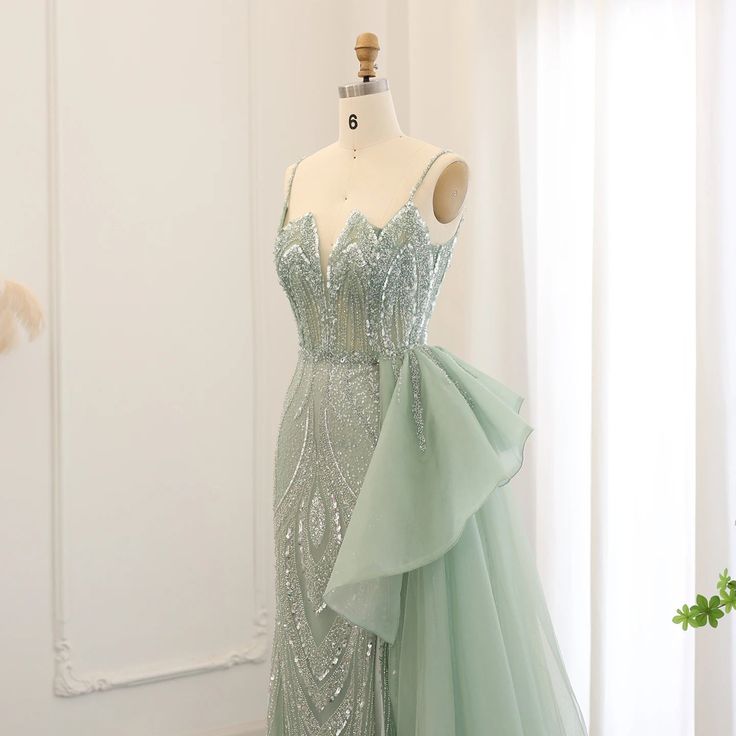 Glam Mermaid Spaghetti Straps Sage Green Overskirt Side Slit Long Prom Dress,Evening Dress GG835