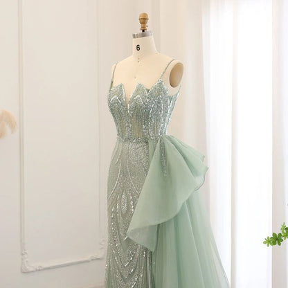 Glam Mermaid Spaghetti Straps Sage Green Overskirt Side Slit Long Prom Dress,Evening Dress GG835