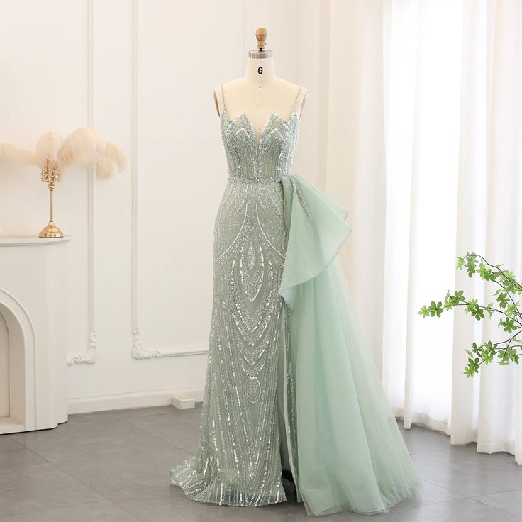 Glam Mermaid Spaghetti Straps Sage Green Overskirt Side Slit Long Prom Dress,Evening Dress GG835