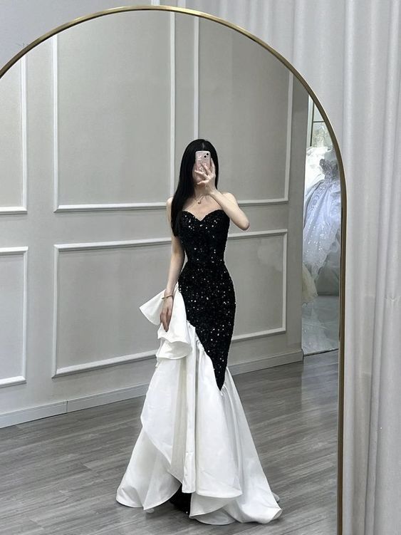Graceful Mermaid Strapless Sequin Hem Satin Long Prom Dress,Evening Dress GG839