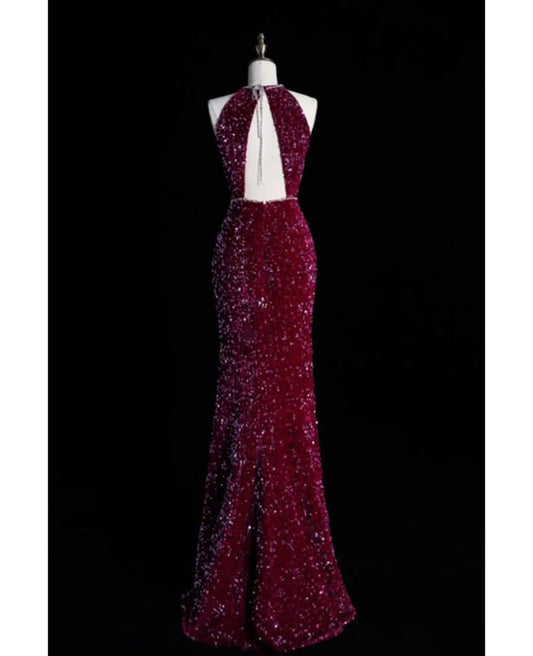 Gorgeous Mermaid Halter Sequin Satin Long Prom Dress,Evening Dress GG846