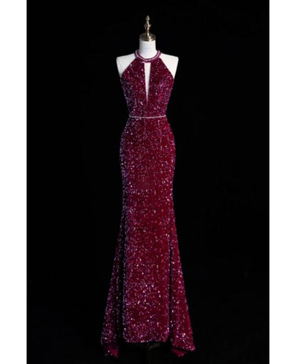 Gorgeous Mermaid Halter Sequin Satin Long Prom Dress,Evening Dress GG846