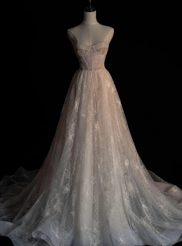 Fairy A Line Strapless Sweetheart Light Pink Tulle Long Prom Dress,Evening Dress GG847