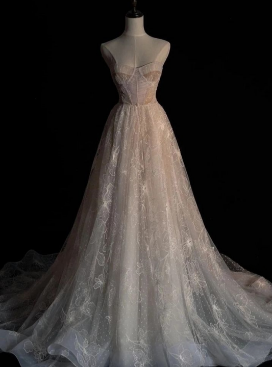 Fairy A Line Strapless Sweetheart Light Pink Tulle Long Prom Dress,Evening Dress GG847