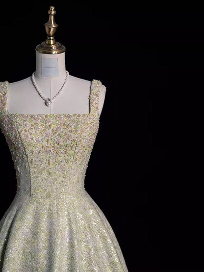 Shiny A Line Square Sequin Satin Long Prom Dress,Evening Dress GG849