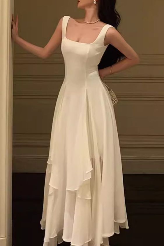 Simple A Line Square White Chiffon Long Prom Dress,Evening Dress GG854