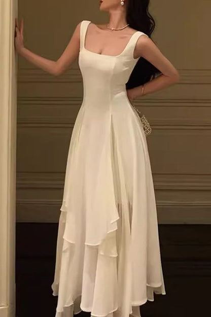 Simple A Line Square White Chiffon Long Prom Dress,Evening Dress GG854