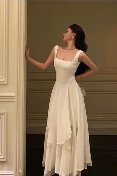 Simple A Line Square White Chiffon Long Prom Dress,Evening Dress GG854