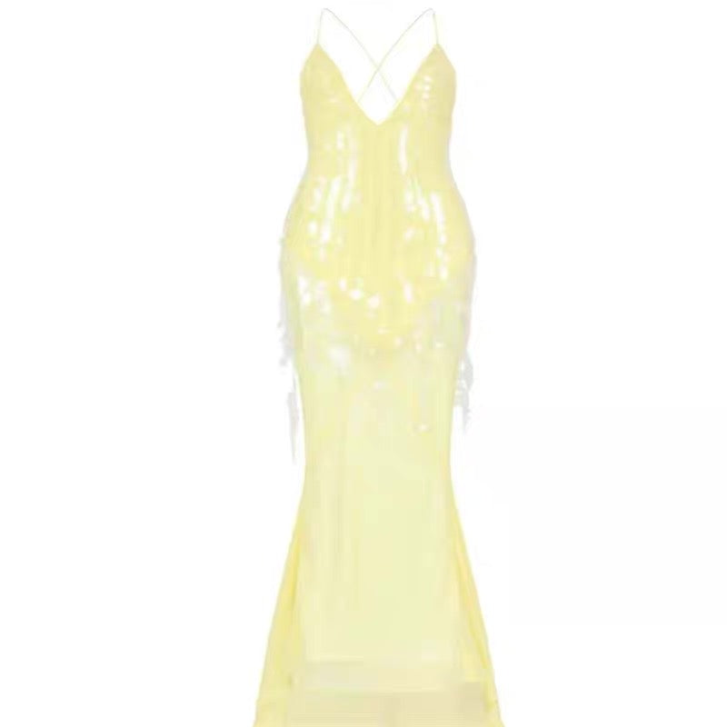 Sexy Mermaid Spaghetti Straps Bright Yellow Sequin Chiffon Long Prom Dress,Evening Dress GG855