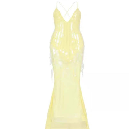 Sexy Mermaid Spaghetti Straps Bright Yellow Sequin Chiffon Long Prom Dress,Evening Dress GG855