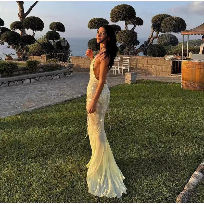 Sexy Mermaid Spaghetti Straps Bright Yellow Sequin Chiffon Long Prom Dress,Evening Dress GG855