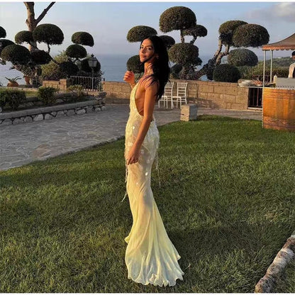 Sexy Mermaid Spaghetti Straps Bright Yellow Sequin Chiffon Long Prom Dress,Evening Dress GG855